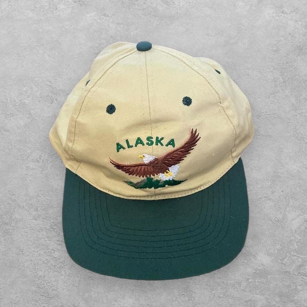 VTG 90s Alaska Shirt Company Bald Eagle Snapback Hat Two Tone Beige Green